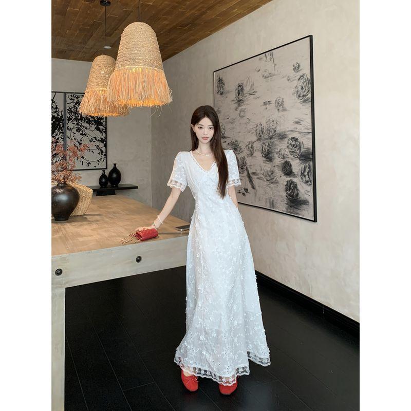 Kumikumi French Style Embroidered Lace Three-Dimensional Flower Short Sleeve Dress Women Summer Temperament Slim Fit Slimming Long Dress