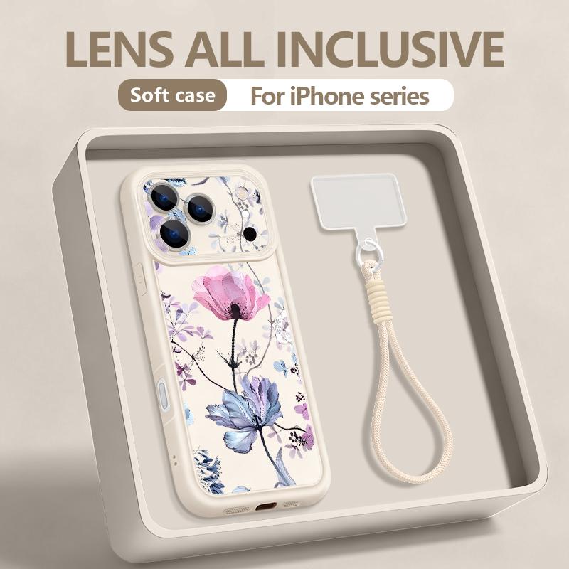 Colorful Flower Pattern Lanyard Phone Case For iPhone 17 ProMax 16 17 14 15 13 Pro Max 11 17e 16e Shockproof Silicone Soft Cover