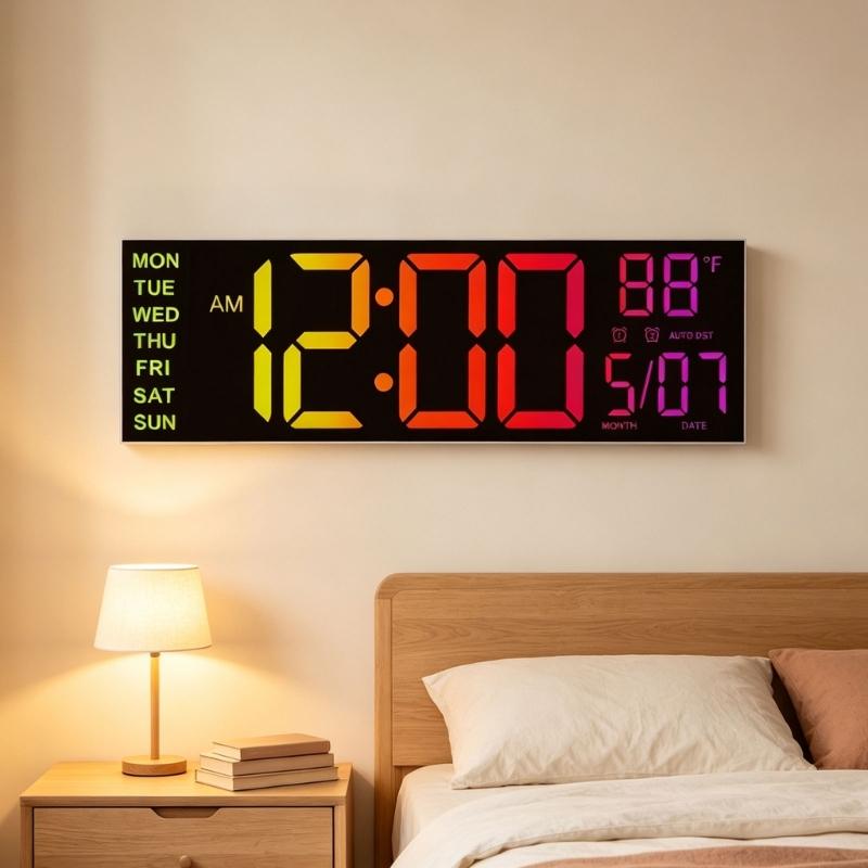 Wall Mounted Digital Clock with Large LED Numerals, Multi-Color Changing Display, Remote Control, Adjustable Brightness for Home Wall