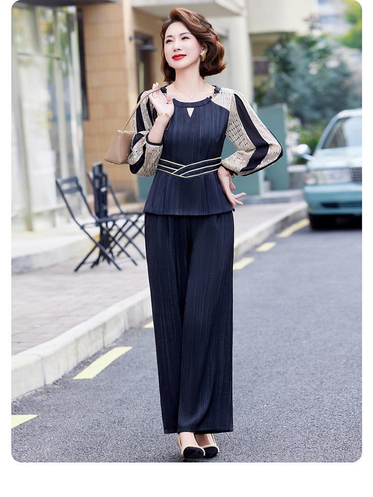 Elegant Autumn 2025 Satin Blouse & Seven-Sleeve Two-Piece Set for Middle-Aged and Elderly Women