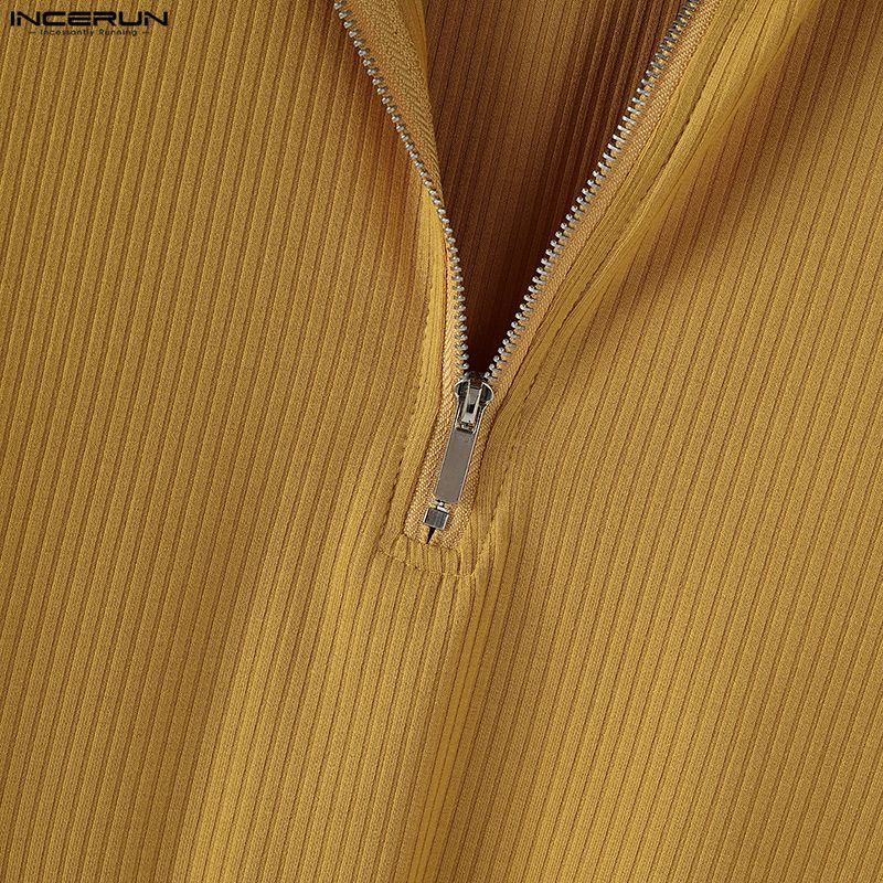 INCERUN Autumn Men Stand Collar Long Sleeve Zip-up Rib Knitted Pullovers Tops