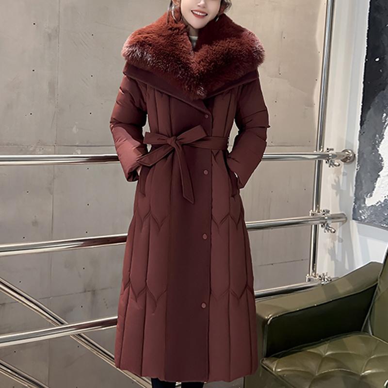 Plussstørrelse L-7XL Mote Vinterjakker Dame Lang Parkas Hette Stor Fuskepelskrage Løs Tykk Varm Overfrakk Casual Damekåper Med Belte