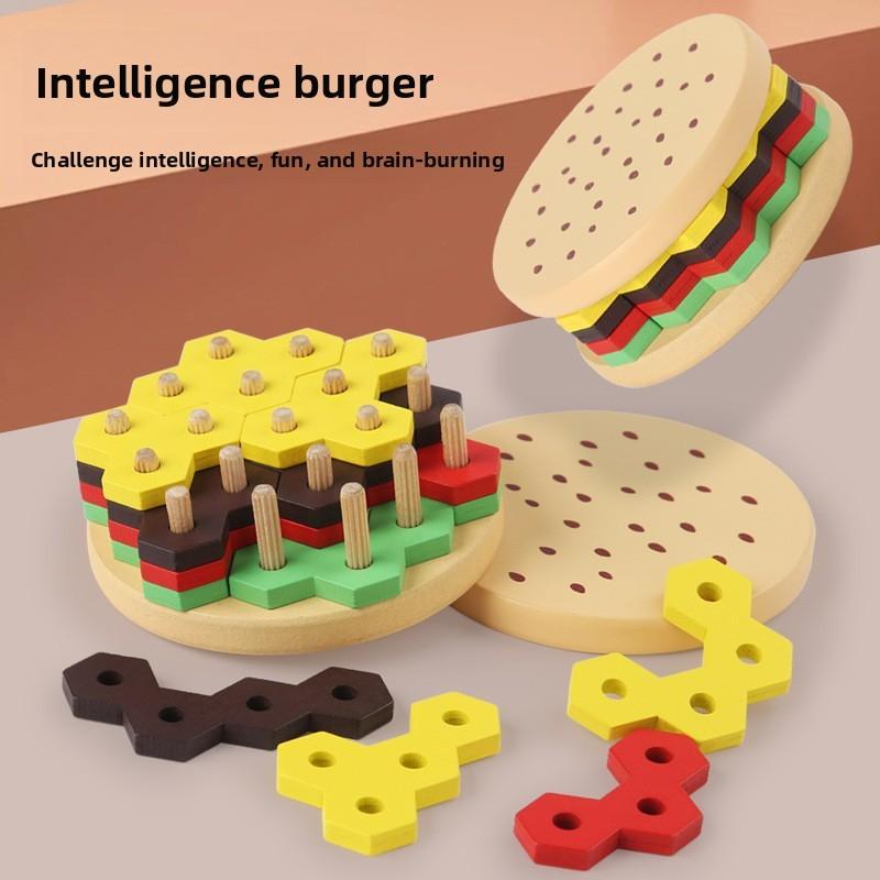 Wooden Shaped Hamburger Column Block Children Toy For Children Brain Training