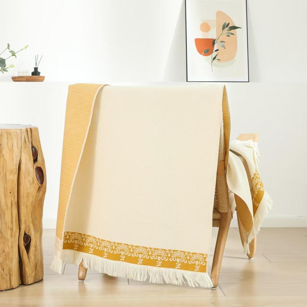 Ethnic Style Oversized Pure Cotton Jacquard Bath Towel with Tassels - Thickened Multi-layer Gauze.