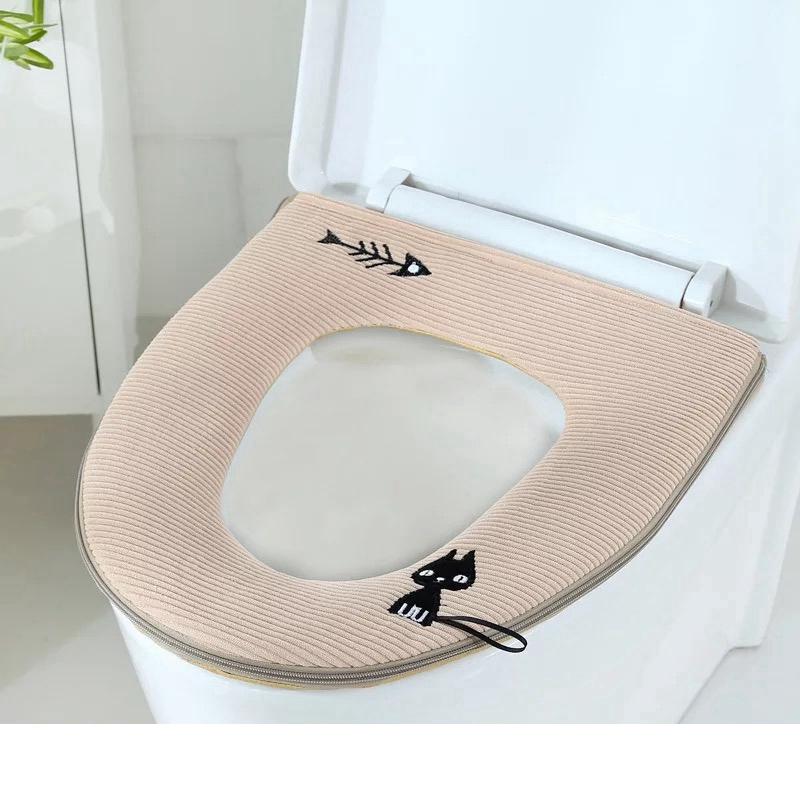 Bathroom Accessories Toilet Seat Cover Zipper Universal Toilet Cushion Household Warm Soft Toilet Seat Cover Winter WC Mat