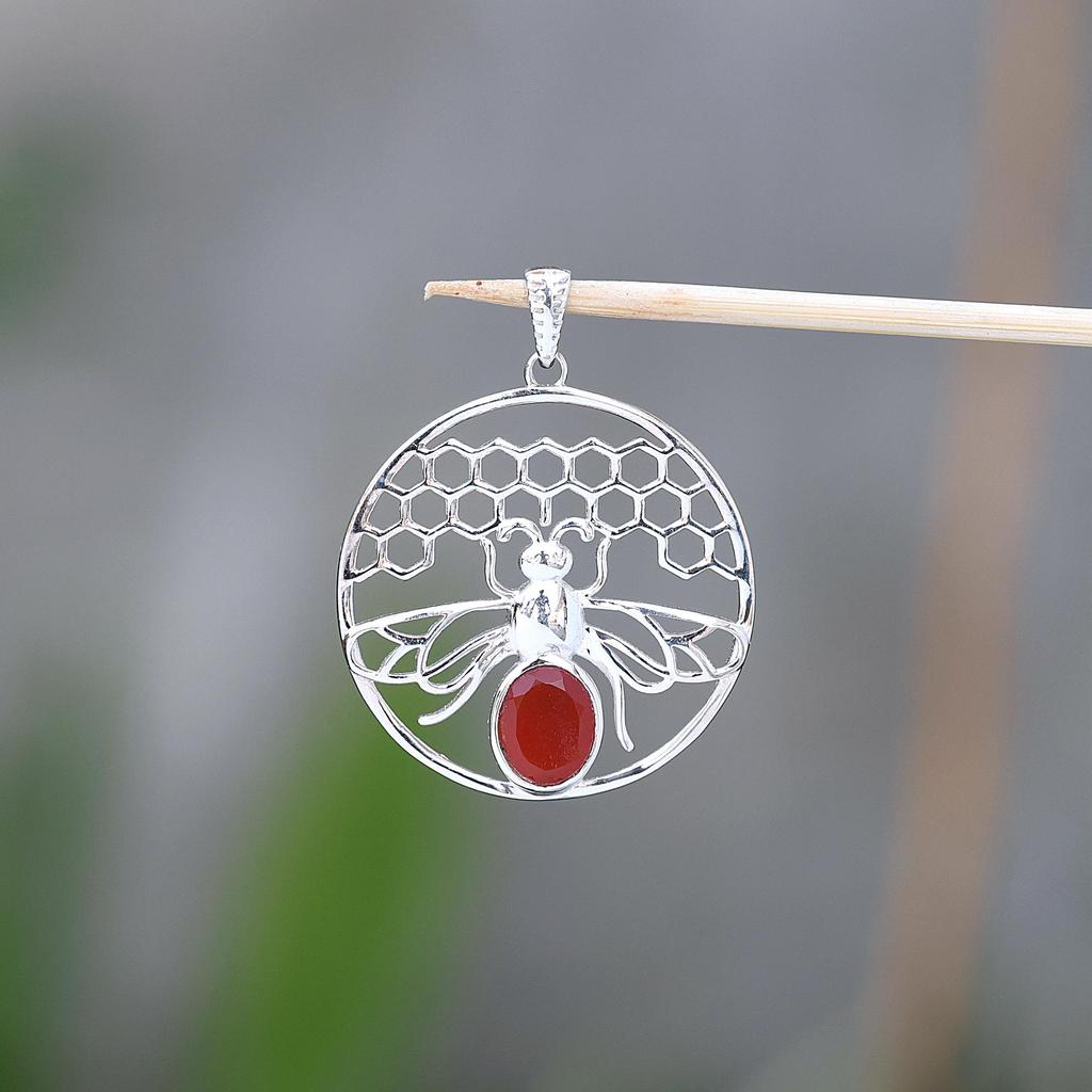 Carnelian Honey Bee Hive Pendant 100% 925 Sterling Silver Charm Pendant Jewelry