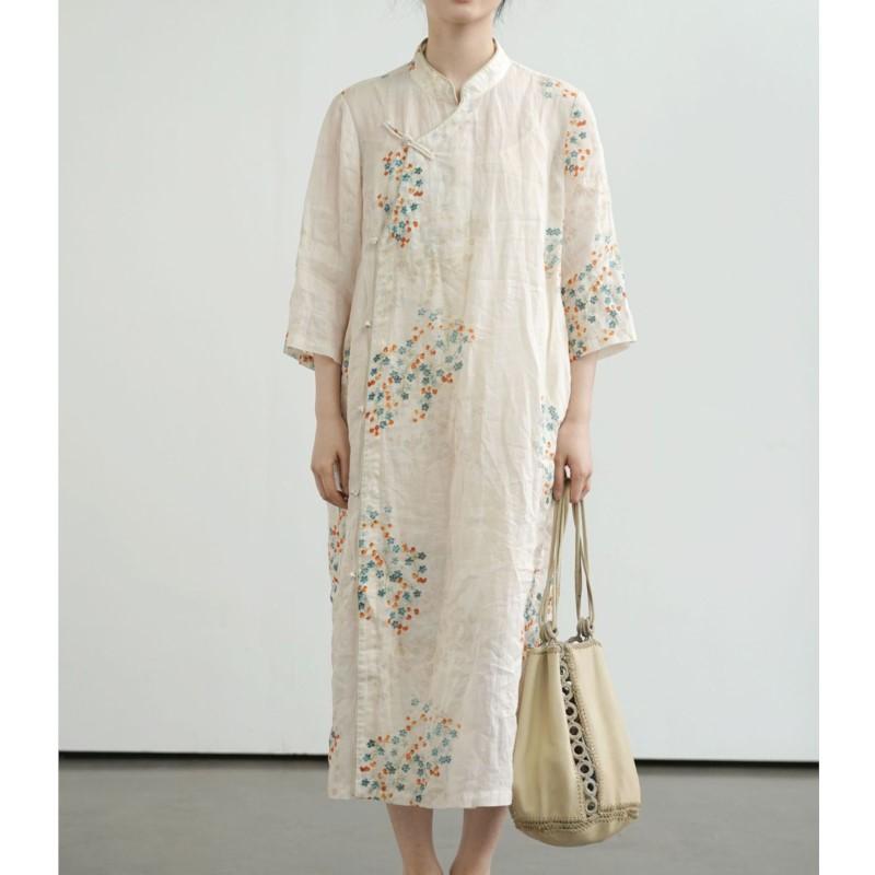 Johnature Women Vintage Print Floral Dress Stand Seven Sleeve Summer Button Chinese Style Dresses