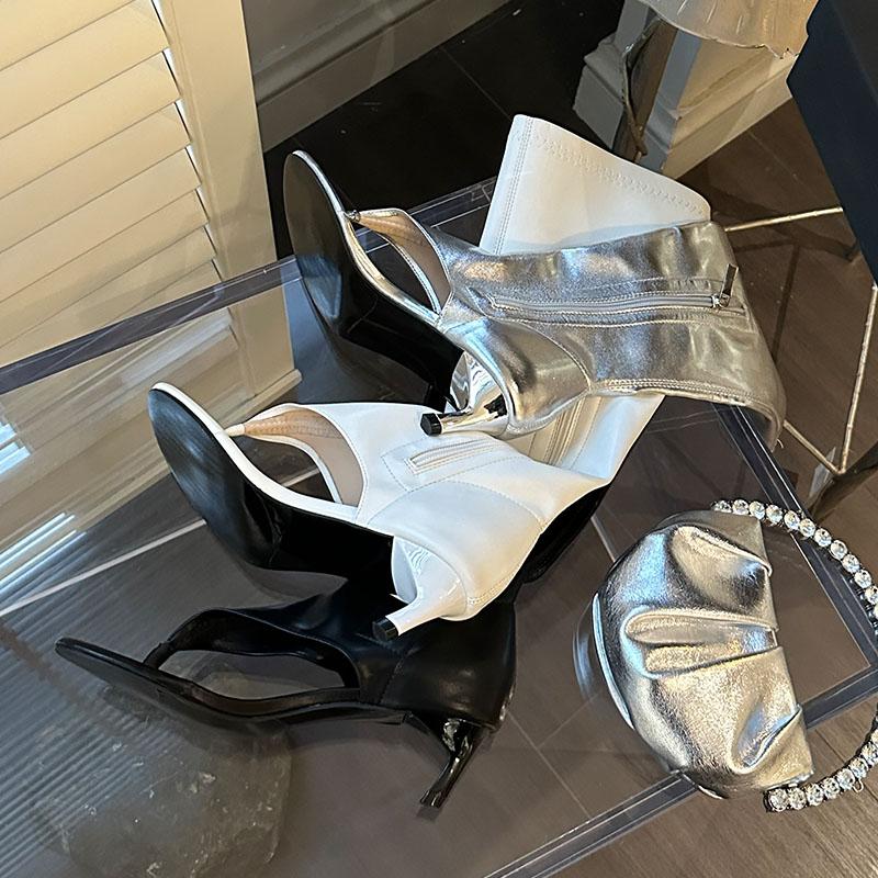 Mode Mode Reißverschlüsse Damen Kniehohe Stiefel Schuhe mit niedrigem Absatz Damen Zehenfrei Schuhwerk Damen Absatzsandalen Stiefeletten Zehentrenner