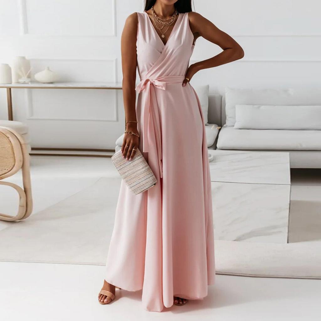 Women's V-neck Sleeveless Belt Evening Long Dress For Women