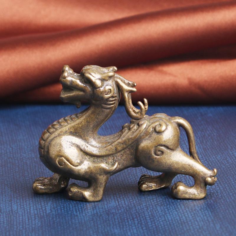 Pure Brass God Beast KIRIN Desktop Lucky Fortune Feng Shui Decoration Crafts Tea Ornaments Old Bronze Ware Wholes