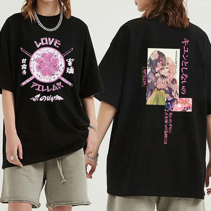Hot Anime Kanroji Mitsuri Iguro Obanai Printing T-shirt Women Men Fashion Short Sleeve Couples Casual Personality Y2k Summer Top