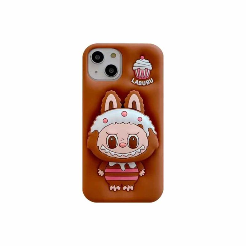 Custodia per telefono 3D carina Labubu con supporto per iPhone 16 15 14 13 12 Pro Max Cover in morbido silicone iPhone 13 marrone