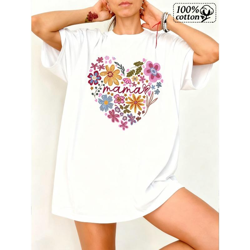 European Size Fashion Women T-Shirt | White Front Print Floral Heart Mama Design S белый