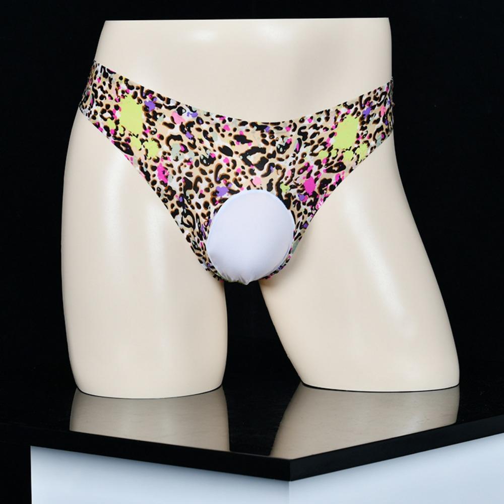 Qinghe Spring and Summer Men's Low Waist Thong Thin Breathable and Traceless Ice Silk Printed Egg Panties Leopard Print Briefs