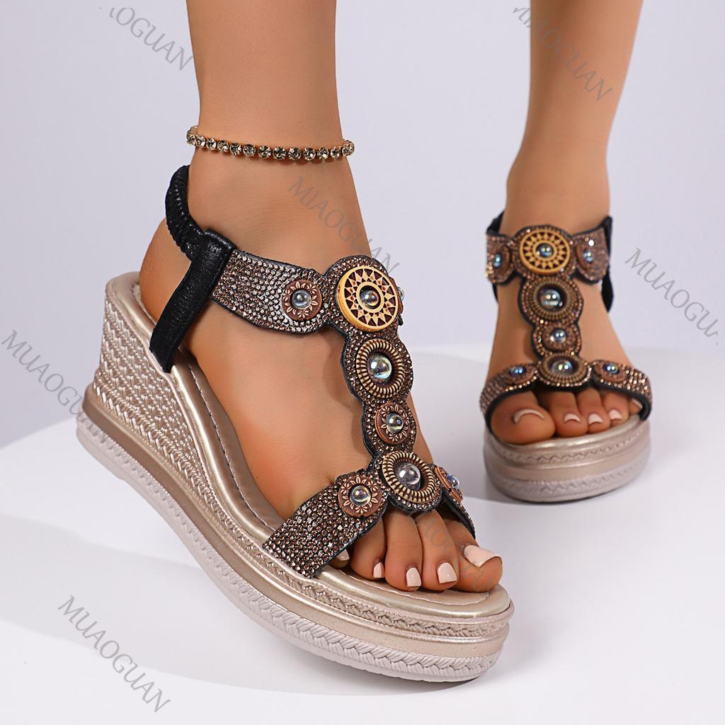 Fashion Crystal Decor Wedge Sandals for Women Bohamian Style Chunky Platform Sandalias Femmes Summer Thick Bottom Beach Sandales Shoes