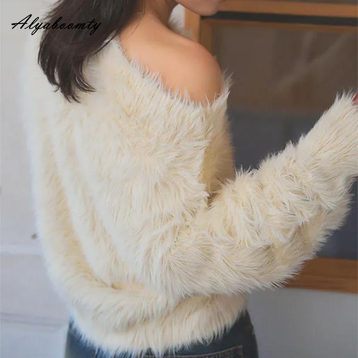 New Arrival Autumn Winter Women's Fluffy Faux Mink Sweater-Soft Fuzzy Pullover Slash Neck Gray Beige Warm Feminine Sweater