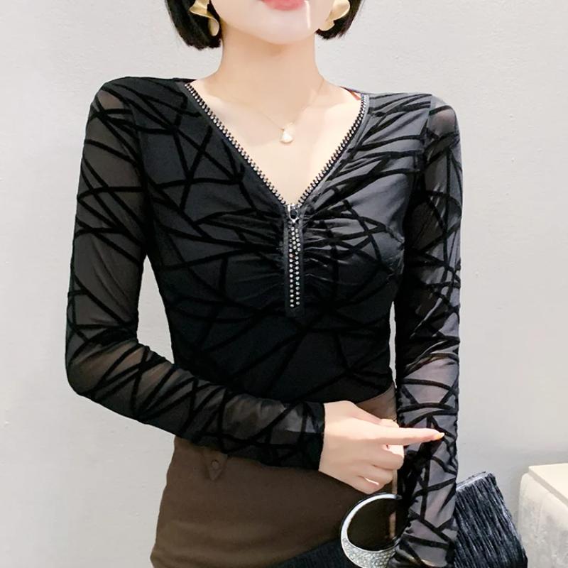 Άνοιξη Φθινόπωρο Νέα Σικ Φερμουάρ V-λαιμός Καυτά Διαμάντια Γυναικεία T-shirts Κομψή Ριγέ Φλοκ Λεπτή Διχτυωτή Μπλούζα Μακρυμάνικα Μπλουζάκια