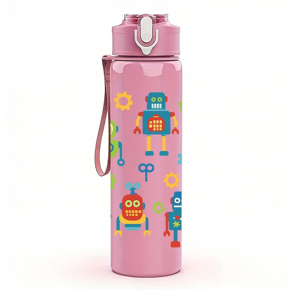 1PC Colorful Robot Repeat Pattern 750ml Color Plastic Sports Water Bottle Leakproof Flip Straw Lid Suitable for Sports Office Home Use