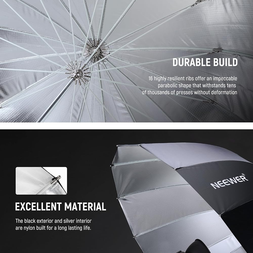 NEEWER 51"/130cm Parabolic Reflective Umbrella for Photography, Silver Inner/Diffuser Cover/Bag Included, Soft Lighting, Quick Folding, for Camera/Pho