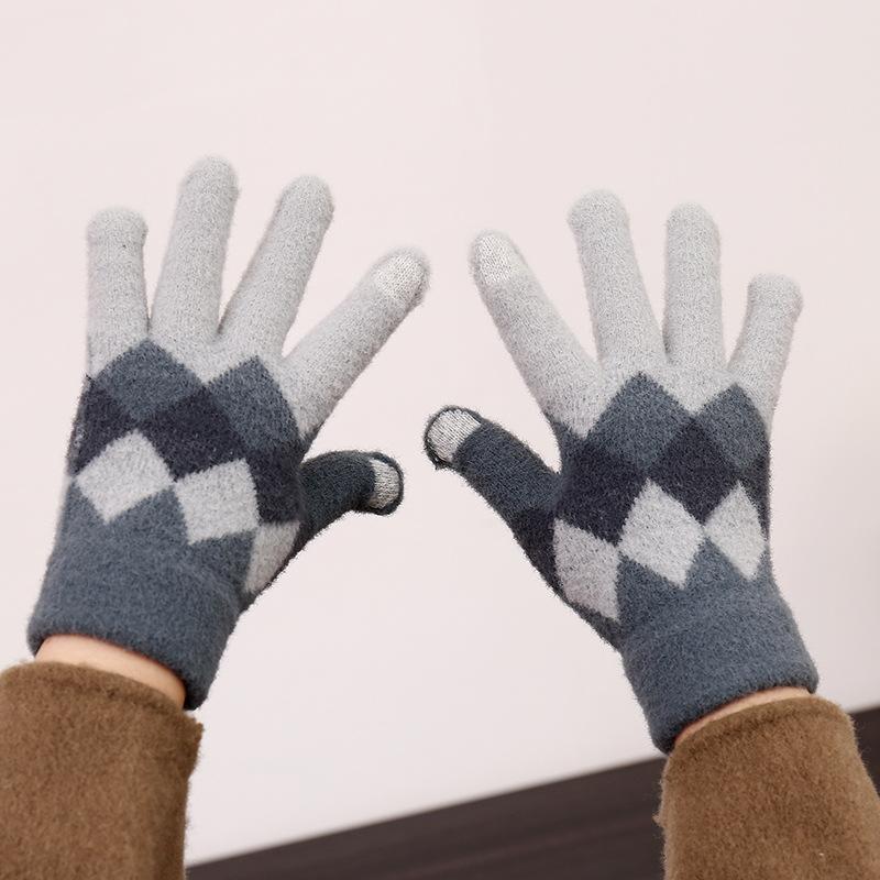 Couple winter warm gloves rhombus plaid contrasting color boys and girls fashion knitted gloves