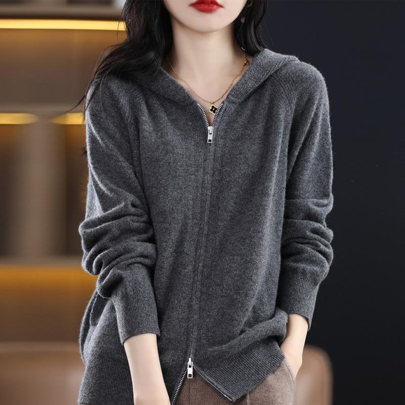 Herbst Reißverschluss Strickjacke Jacke Damen Lässig Einfarbig Kapuze Kaschmir Pullover Mantel Weiblich Wild Stricken Oberteile