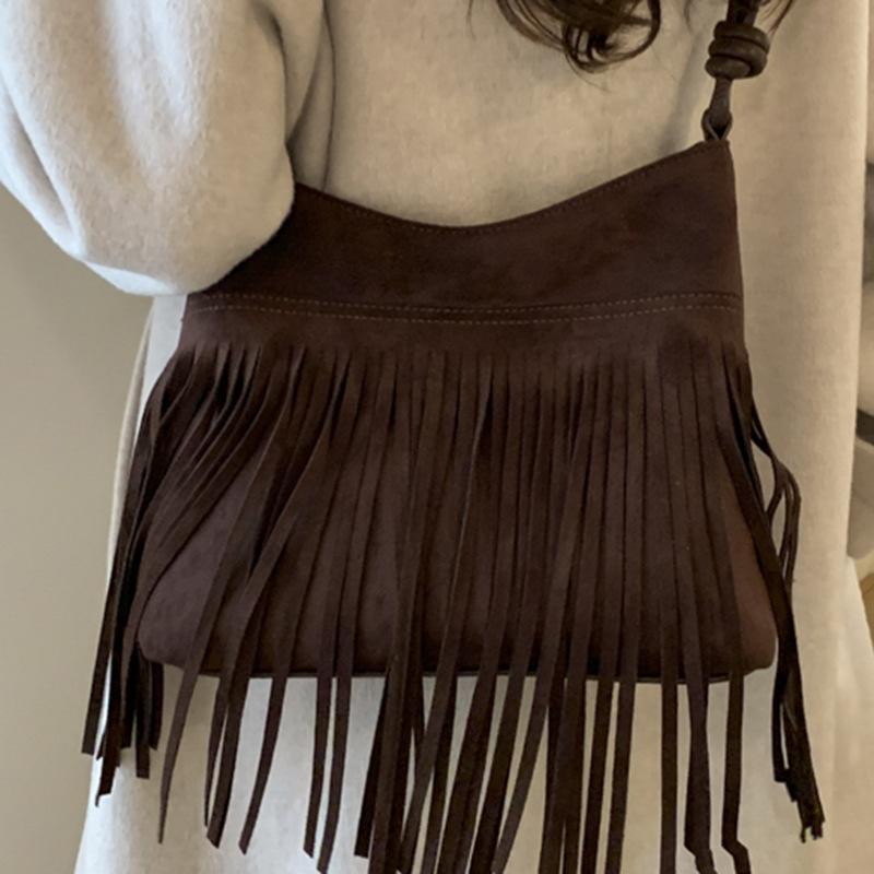 Korean Version Niche Simple Matte Bag 2025 Autumn New Women's Bag Bohemian Retro Messenger Bag Fringed Bag