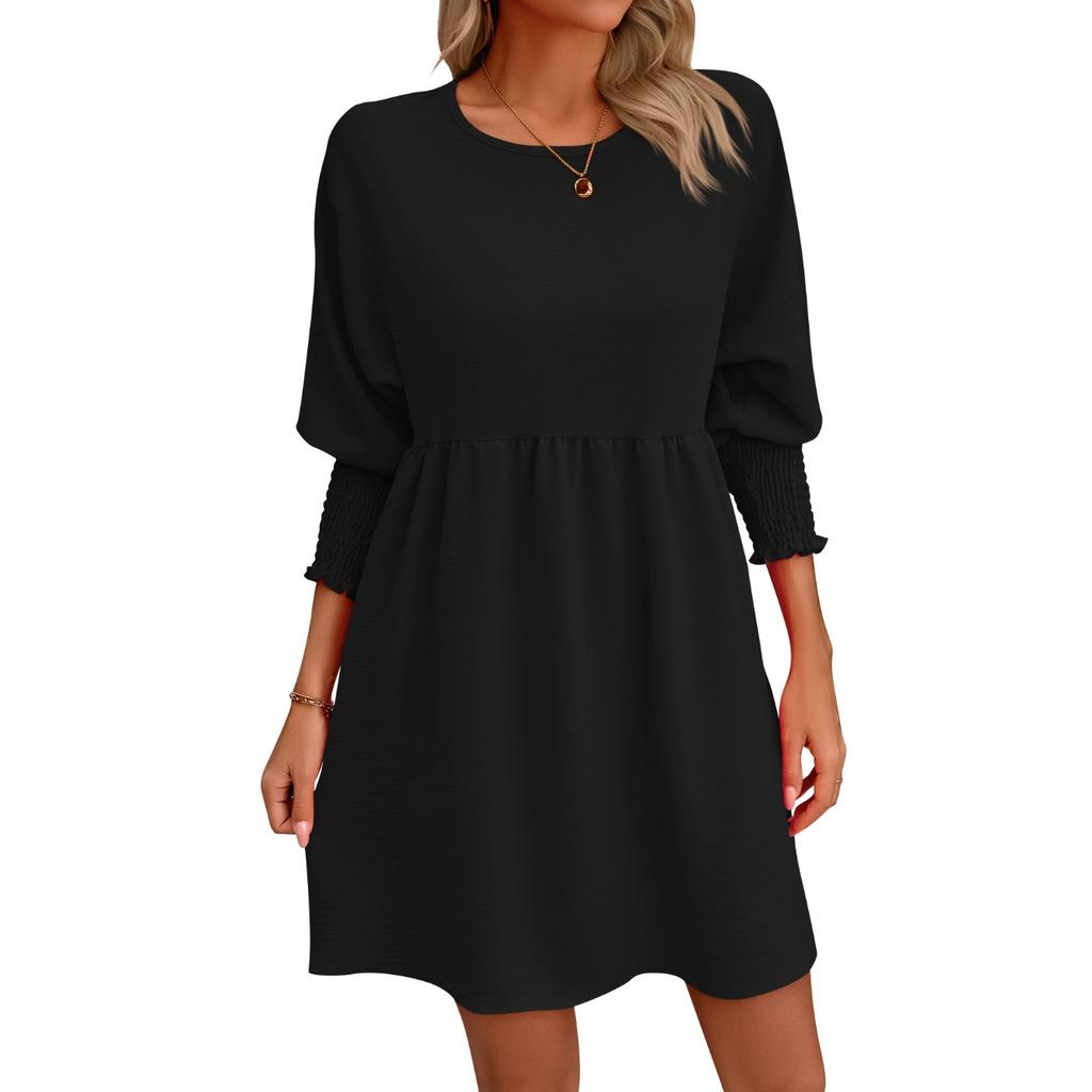 IHUASU Summer Solid Color Print Ladies Sweet Loose 1/2 Sleeves O-Neck Batsleeve Dress