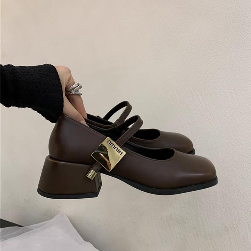 Fashion New Mary Janes Women's Shoes High Heel Spring Square Toe Mid Heels Sandals Designer Shallow Pumps Thick Sole Leather Shoes 35-39