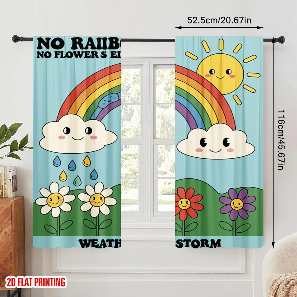 2pcs 2D flat printing Window Drapes Vintage Rainbow Flowers Polyester Without Electricity Festive Holiday Use for All Occasions