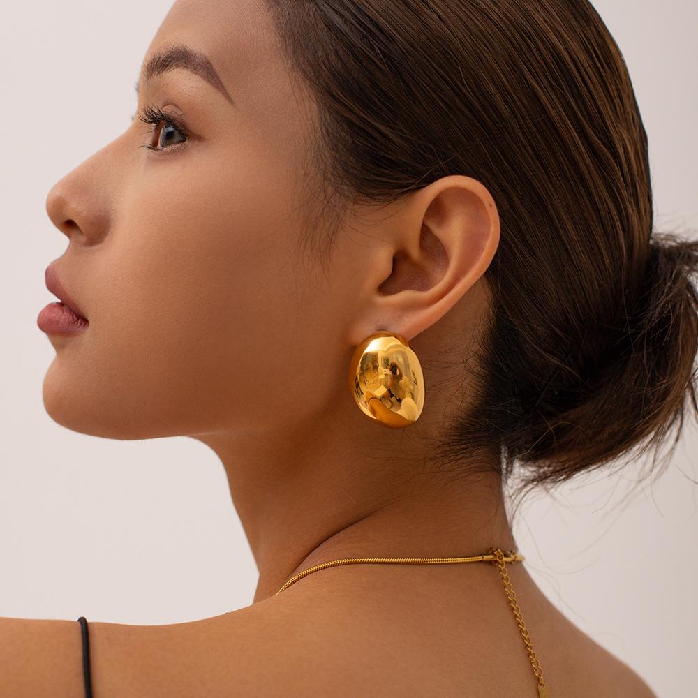 Minimalist Light Luxury Polished Oval Stud Earrings - Textured Gold & Silver, Skin-Friendly, New Jewelry for Women