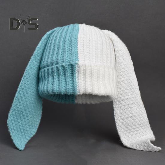 Cappello a Maglia Invernale Lungo con Decorazione Orecchie da Coniglio Colore a Contrasto Unisex Spesso Caldo Alta Elasticità Antivento Copricapo Cappello per Clima Freddo per Sci e