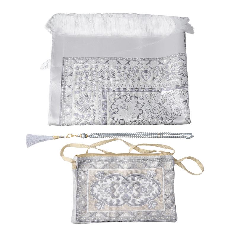 

3pcs/set Travel Prayer Mat Middle East Prayer Mat Set Muslim Beads Islamic Gift Jacquard Pattern Mat Exquisite 70x110cm 70*110 сірий колір