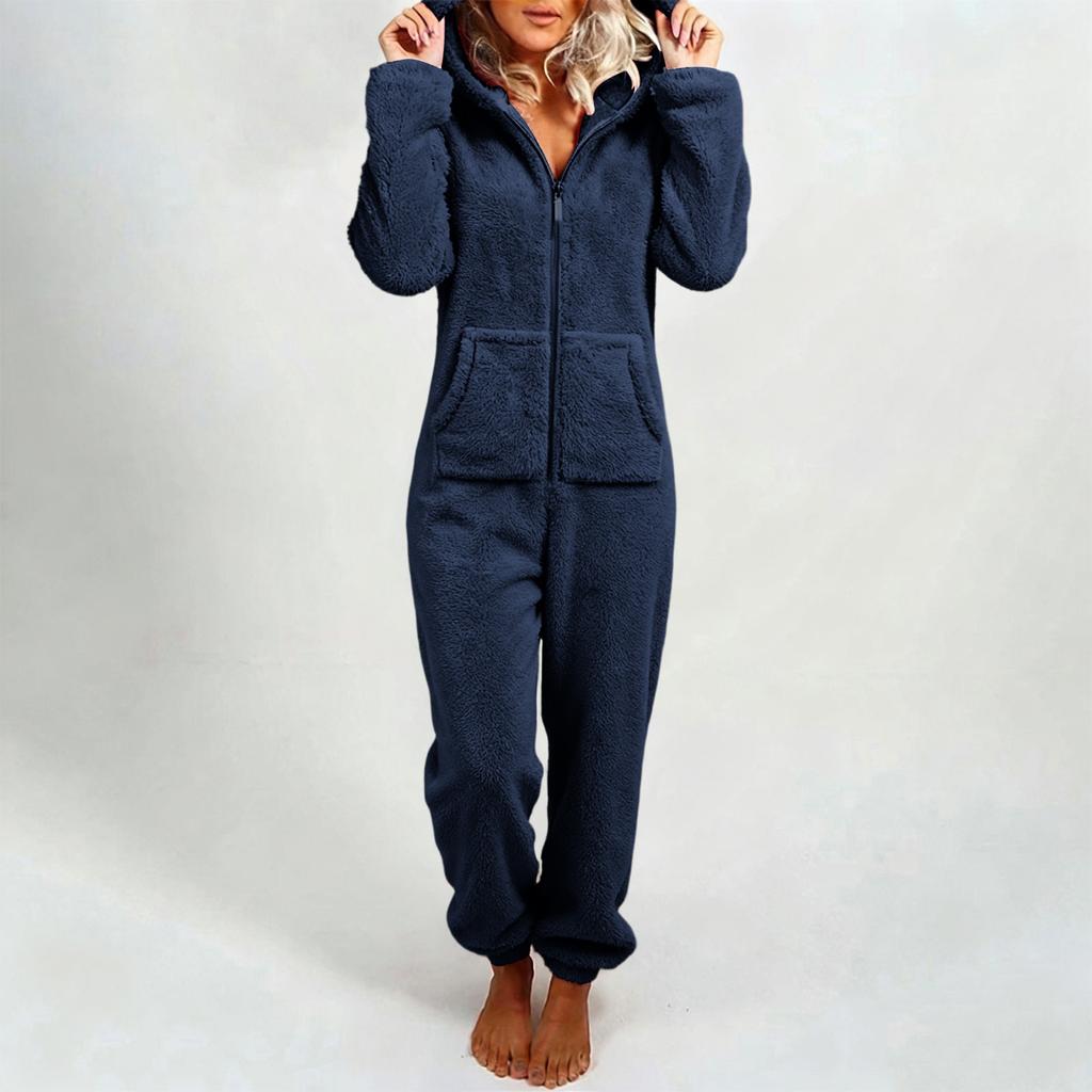Women's Fashion Fleece-Lined Thickened Fleece Hooded Pyjamas With Zip-Up Onesie