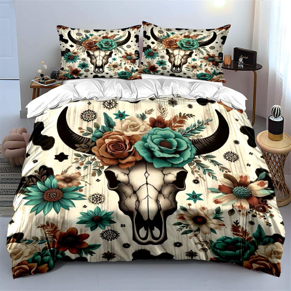 Floral Skull Western Bedding Set Bedding Duvet Cover Set Duvet Cover Pillowcases (1 * Duvet Cover 2 * Pillowcases, Without Duvet Insert)