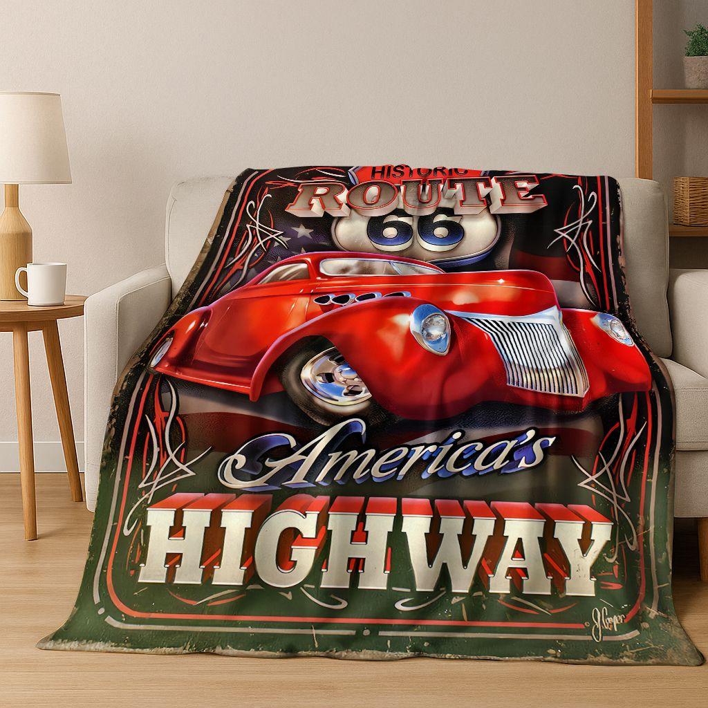 Retro Route 66 Road Trip America Historic Mother Road Art Flannel Blanket,Cozy Soft Throw Blanket for Home Bedroom Bed Sofa Gift