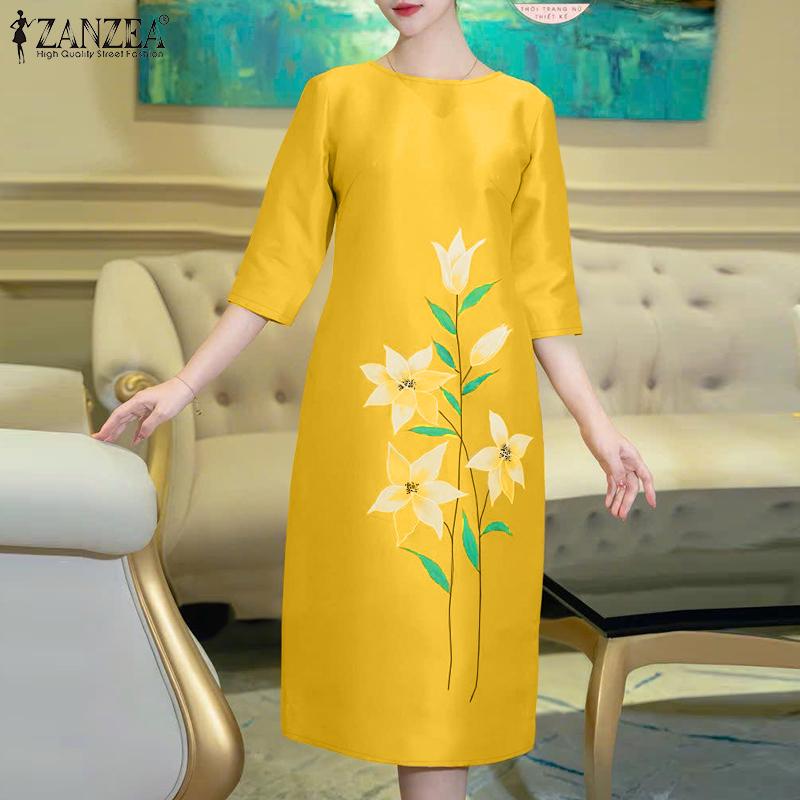 ZANZEA Women Casual Round Neck 3/4 Sleeve Loose Summer Print Dress
