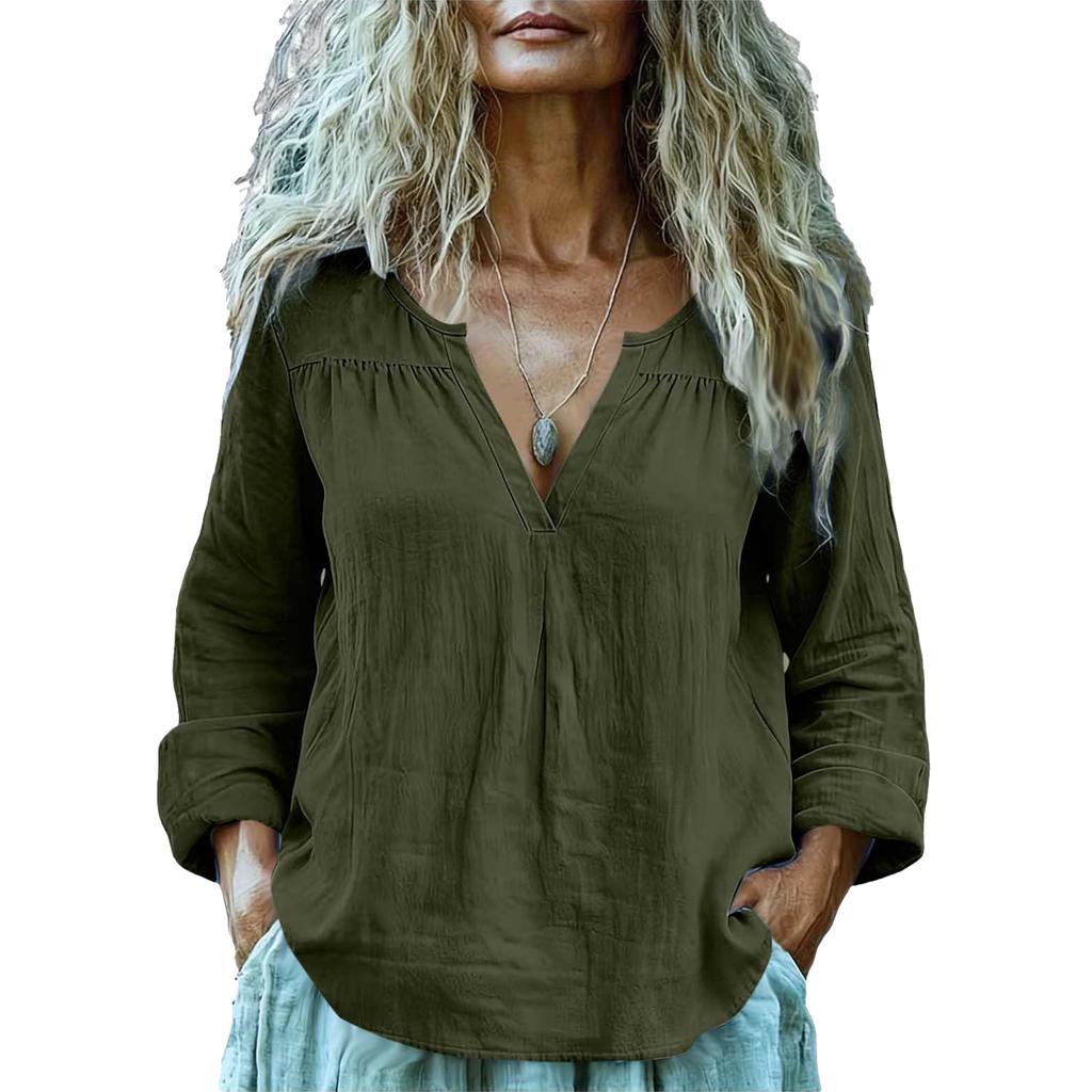 Women's Fashion Loose-Fit Long-Sleeve V-Neck Pullover Shirt Cotton-Linen Blend Top