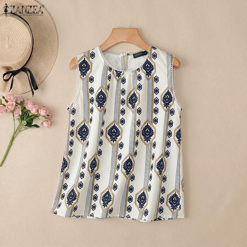 ZANZEA Women Casual Round Neck Loose Sleeveless Print Tank Tops