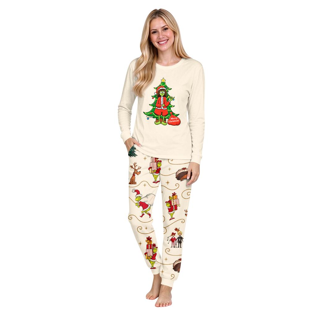 Christmas Print Neck Top and Jogger Pants Set Casual Two Piece Outfit for Holiday Loungewear