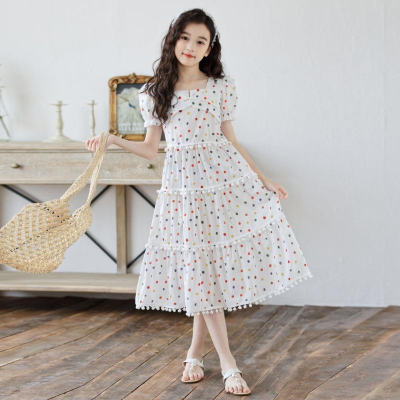 Kids Big Girls Korean Style Polka Dot Short Sleeve Fringe Hem Long Princess Dress