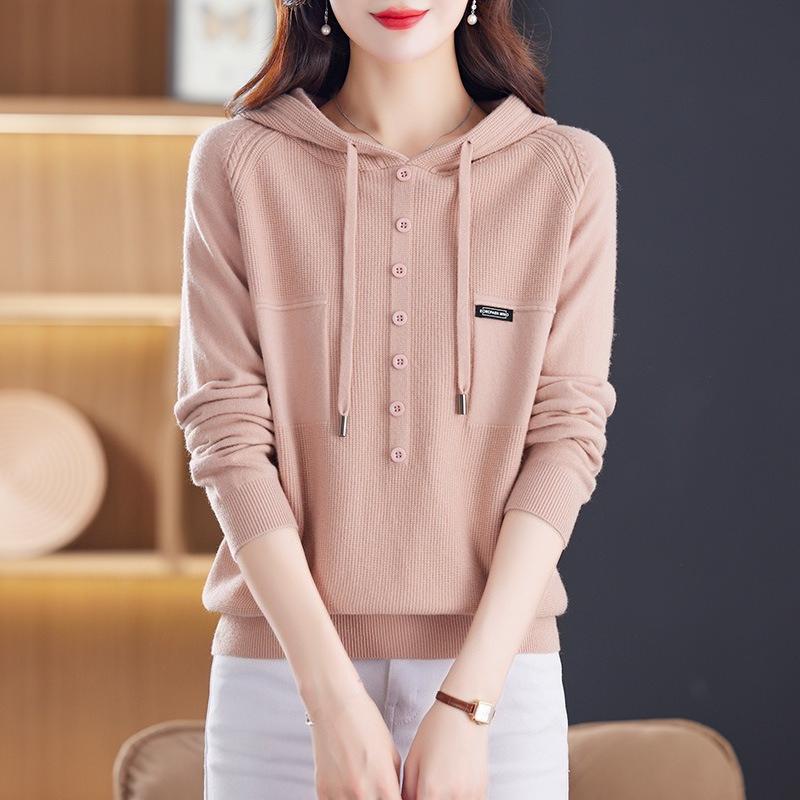 

Вязаный свитшот с капюшоном для женщин на осень и зиму однотонный свитер с длинными рукавами и завязками и свободный пуловер и свитшот с капюшоном S розовый