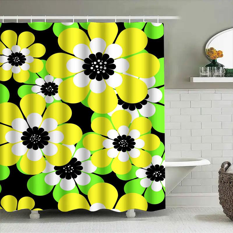 Bright Yellow White Black Floral Shower Curtain Bold Beautiful Bathroom Decor For Kids Bathrooms Modern Design Made With Eco-Fri