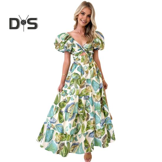 Women Evening Dress Bubble Sleeves Low-cut Off Shoulder Colorful Print A-line Big Hem Patchwork Hollow Out Pleated Vacation Beach Maxi Dress