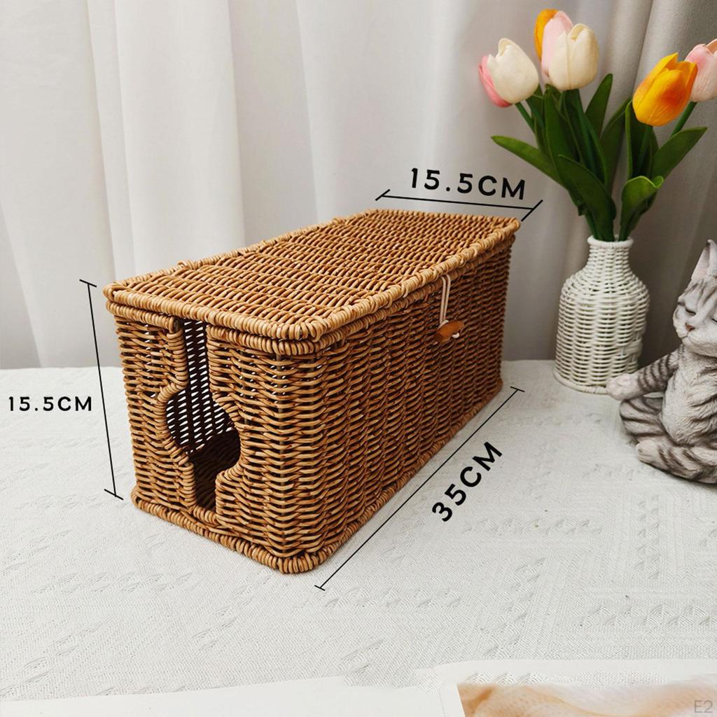 Cable Management Box Imitation Rattan Cord Organizer Desk Storage Container Case USB Hubs Tool with