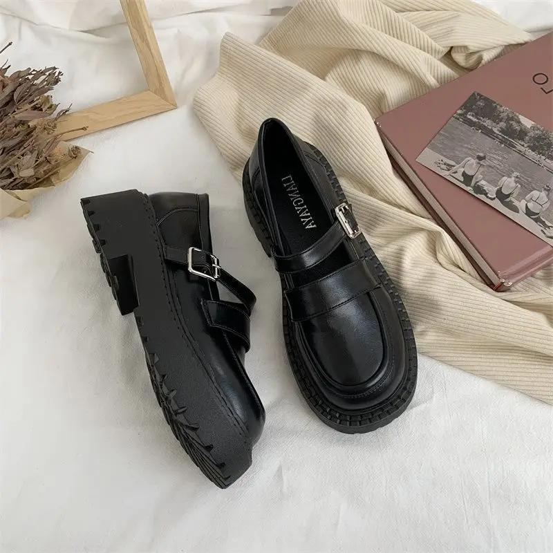 Fashion Brown Luxury Leather Casual Round Toe Ladies Footwear Japanese Style Lolita Gothic Women's Shoes Platform Buckle Mary Jane 39 E