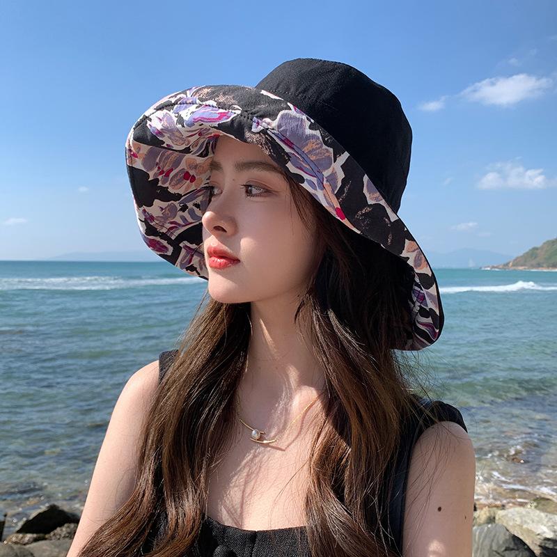 Flower bucket hat women's spring and summer sunscreen sunshade UV protection casual big eaves cover face big head circumference double basin hat