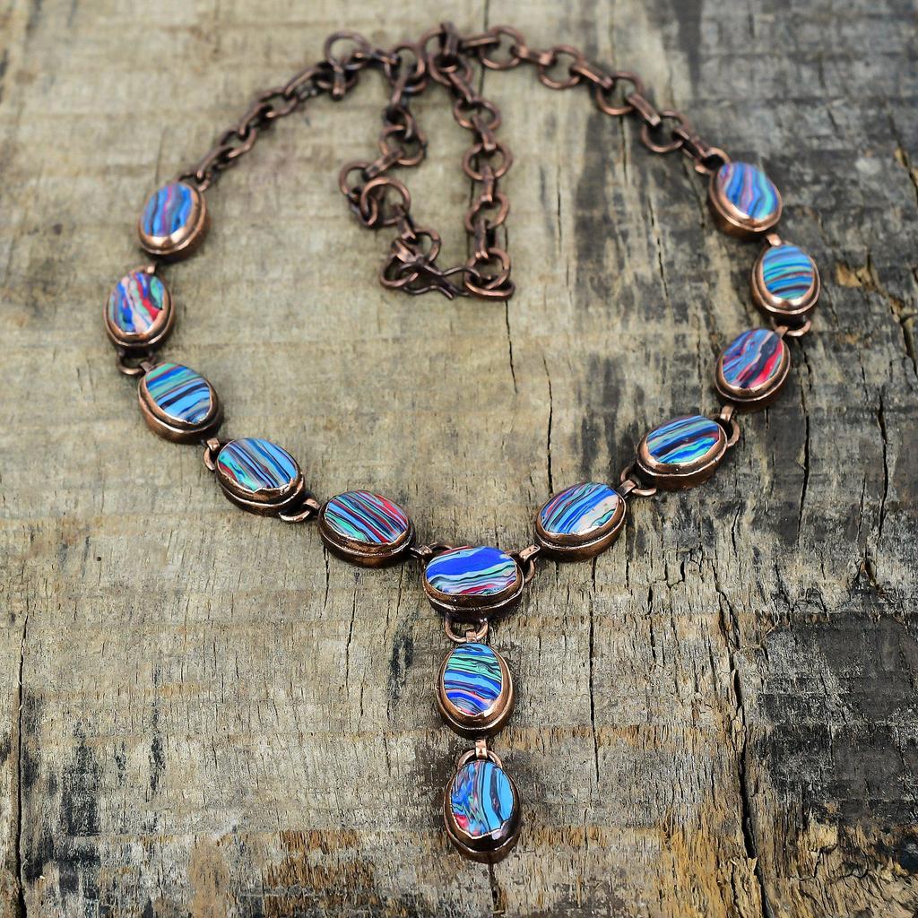 Rainbow calsilica necklace electroformed copper necklace adjustable chain necklace gemstone copper jewelry gifts for women handmade necklace
