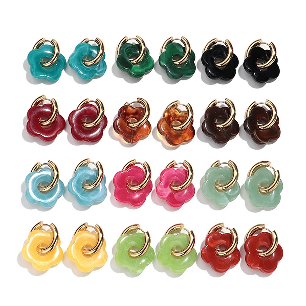 Colorful Flower Resin Acrylic Charms Earring Gold Color Circle Ear Buckle Hoop Earrings Fashion Jewelry for Women