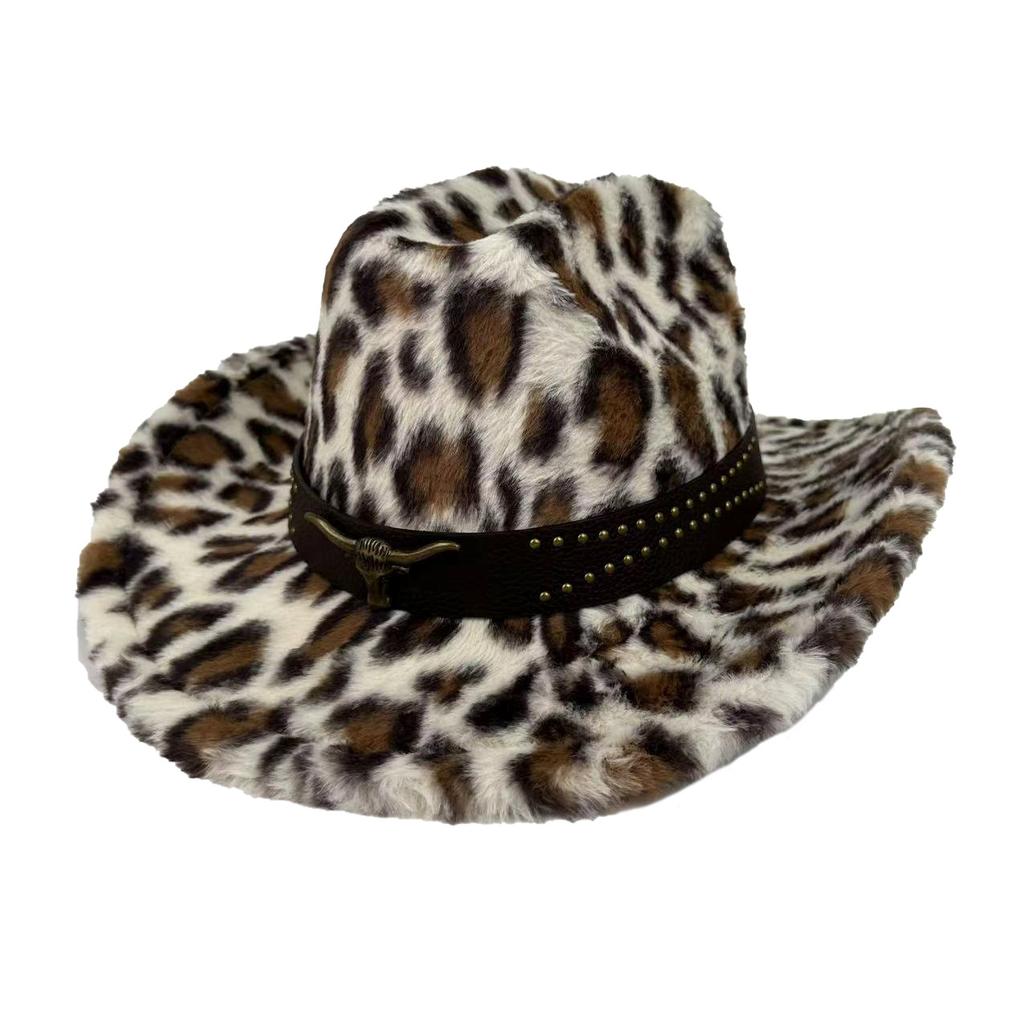 Autumn And Winter New Leopard Print Western Cowboy Hat Plush Thickened Top Hat Men'S And Women'S Thermal Basin Hat