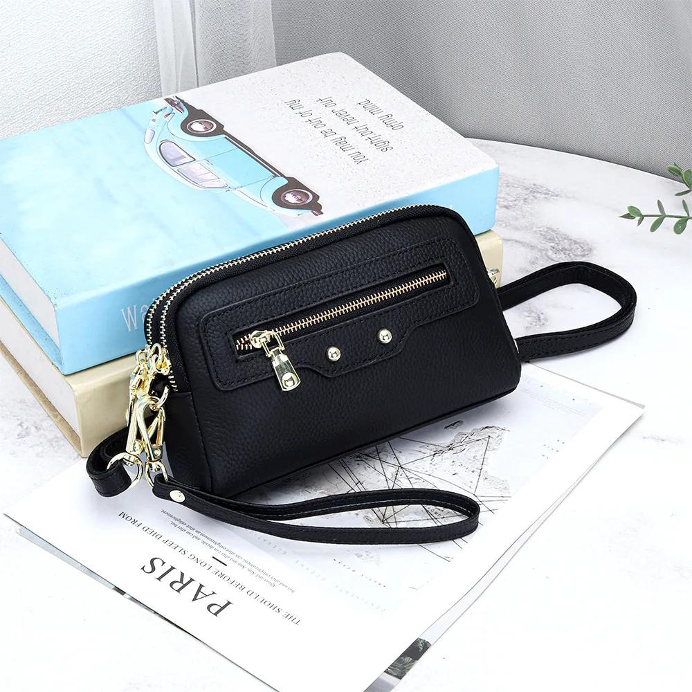 

Multifunctional Genuine Leather Crossbody Bags Wristlet Strap Cell Phone Pouch Purses Small Crossbody Bag Handbag for Women чёрный